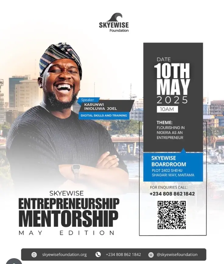Skyewise Entrepreneurship Mentorship flyer featuring IniOluwa Karunwi