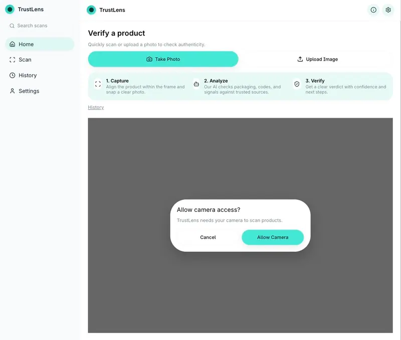 TrustLens app interface