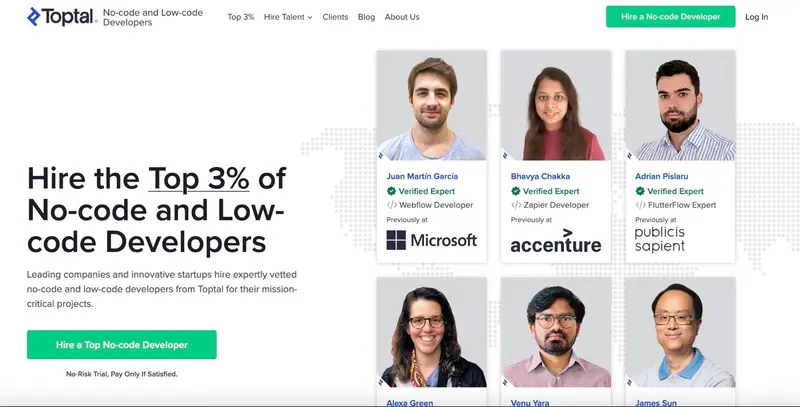 Toptal's No-code and Low-code Developers page, where WeLoveNoCode's service continues after the acquisition